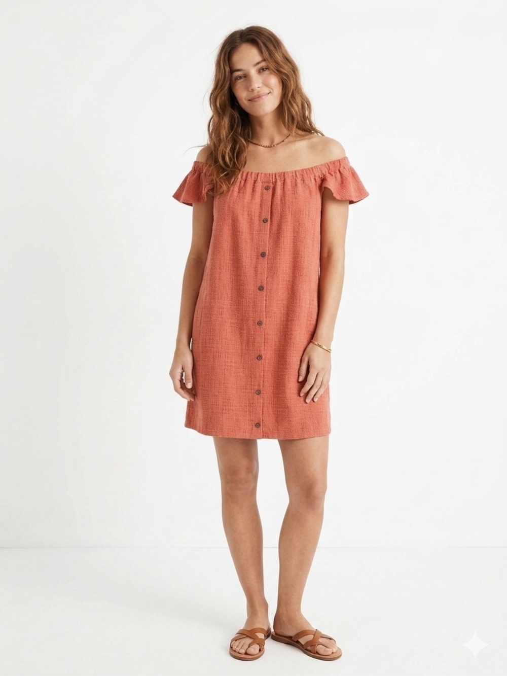 Madewell Off-Shoulder Button-Front Mini Dress in Rust